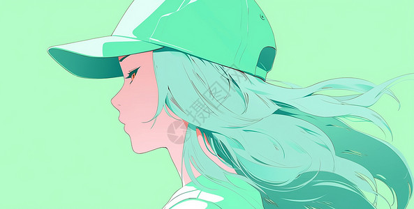 绿色长发时尚的卡通女孩戴着棒球帽背景图片