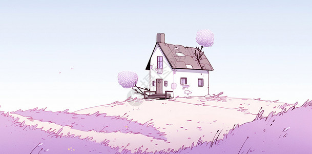 紫色山坡上一个小小的卡通小房子背景图片