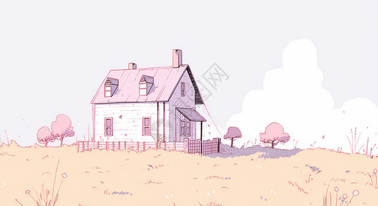 白色墙红色屋顶卡通小房子在一片草地上背景图片