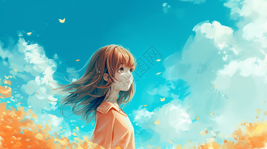 站在蓝天白云下花丛中小清新卡通女孩背景图片