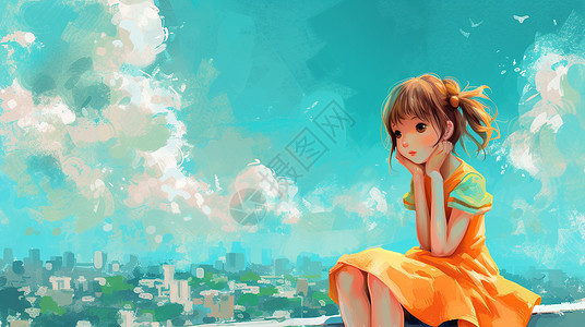 坐在高处欣赏风景的可爱卡通小女孩背景图片