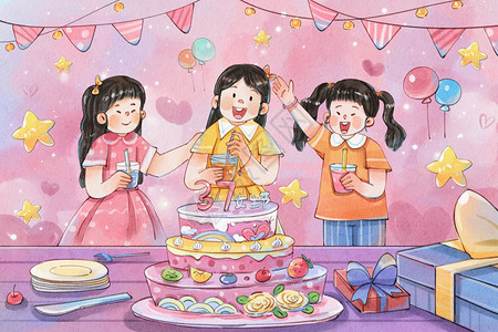 手绘水彩女生节一起庆祝吃蛋糕喝饮料插画高清图片