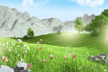树木植物春季山地花朵场景设计图片