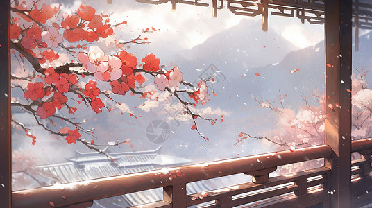 红梅傲雪古风走廊中一株开满红梅的树枝插画