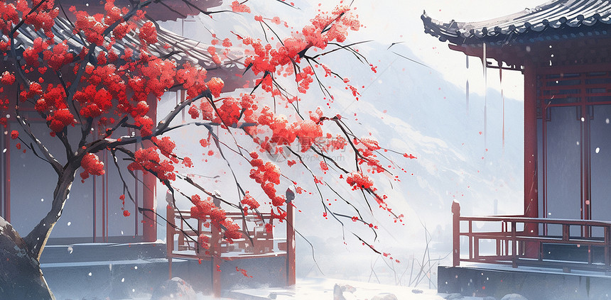 冬天下雪院落中一棵开满花朵的红梅树图片