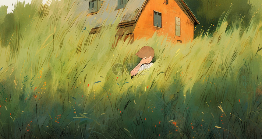 高高的草丛中一个可爱的卡通小男孩在木屋旁图片