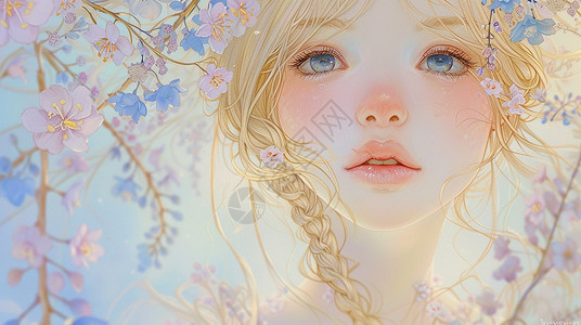 在蓝色花朵树下小清新漂亮的卡通女孩正面头像背景图片