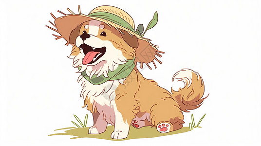 坐在草丛中开心笑的卡通小狗戴着草帽背景图片