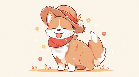 红狗围着红围巾戴着草帽开心笑的可爱卡通小狗插画