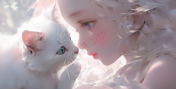 与白猫对视漂亮梦幻的小清新卡通女孩背景图片