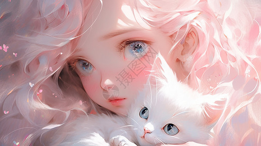 抱着白色可爱的卡通小猫漂亮的粉色长发卡通女孩背景图片