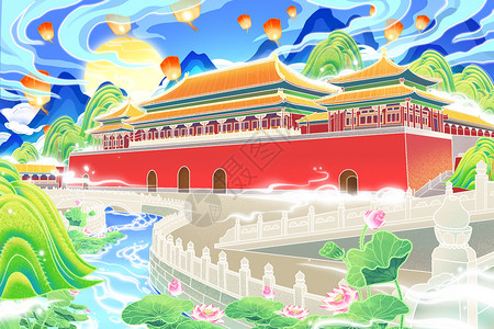 国潮风北京古建午门春夏场景莲花垂柳孔明灯插画