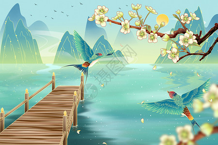 金刚桥二十四节气春分山水国潮手绘梨花燕子桥码头插画