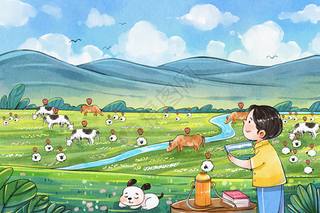 手绘水彩之新农村牛羊群定位插画背景图片