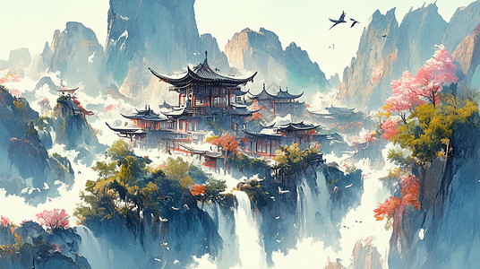 亚洲第一高瀑布春天在高山上的古风卡通建筑物古风山水插画插画