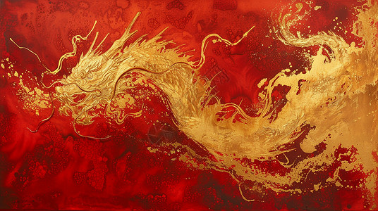 喜庆红色背景水墨风抽象金色龙插画高清图片