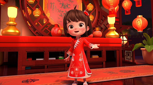 穿着古风服装的可爱卡通小女孩在喜庆的节日下欣赏红灯笼背景图片