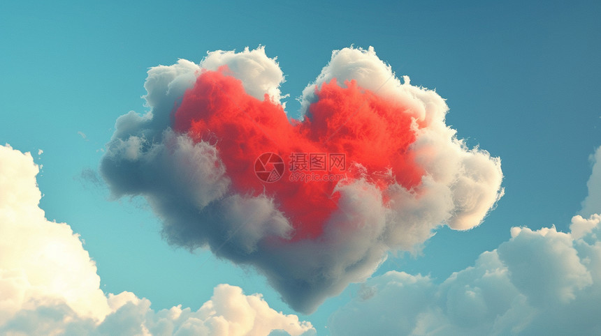 天空悬浮的红色抽象爱心形状卡通云朵图片