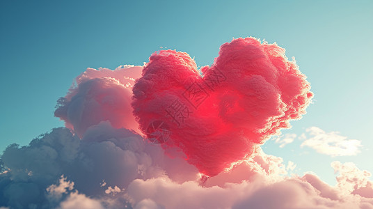 天空悬浮的红色抽象爱心形状卡通云朵背景图片