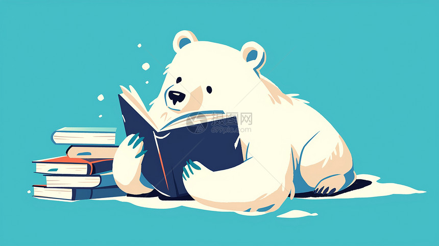认真看书的可爱卡通北极熊插画图片