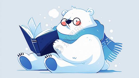 认真看书的可爱卡通北极熊插画背景图片
