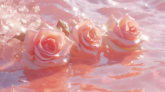 水中漂浮的粉色玫瑰花插画