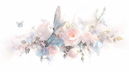 汤圆与玫瑰花粉色玫瑰与美丽的卡通蝴蝶插画