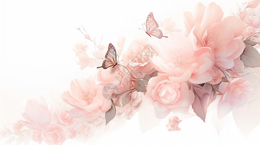 三叶草与玫瑰花粉色玫瑰与美丽的卡通蝴蝶插画