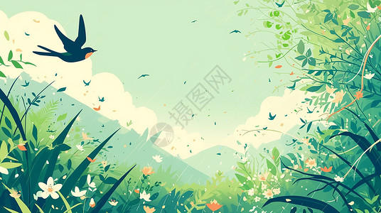 春天雨中绿色调美丽的卡通植物场景插画高清图片