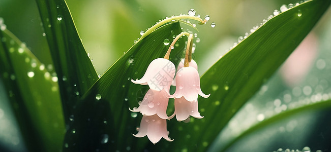 雨后植物一株落着很多水珠漂亮的卡通风铃花插画