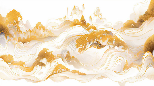 大理石山水画古风黄金色优雅大气的大理石卡通山水画插画