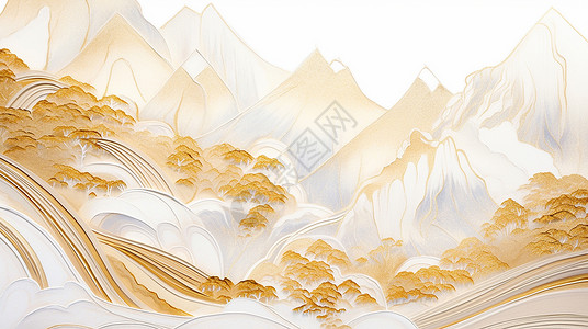 大理石山水画古风黄金色优雅大气的大理石卡通山水画插画