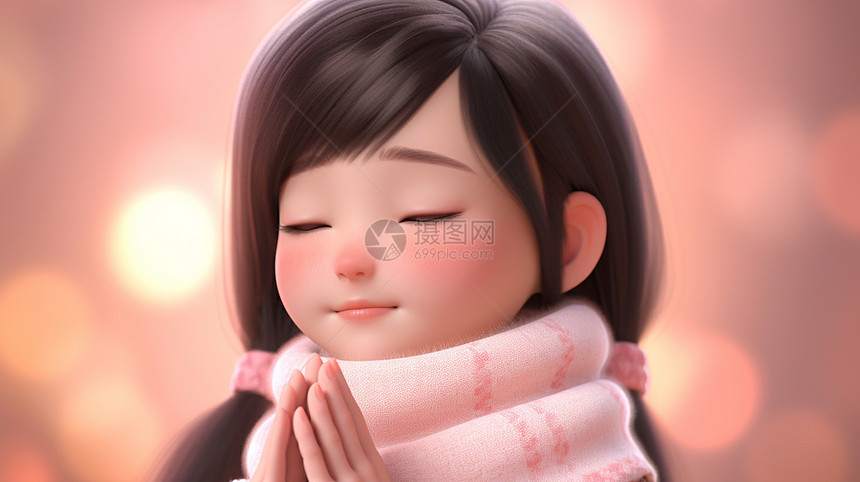 闭眼双手合十虔诚祈福的可爱立体卡通小女孩图片