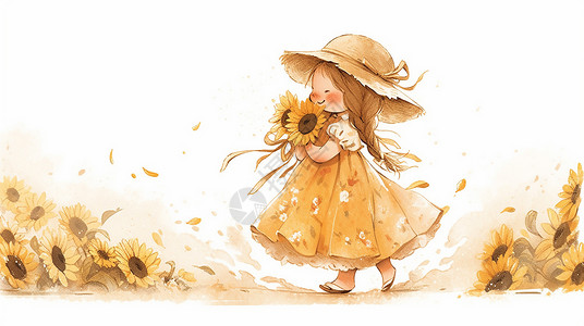 在向日葵自拍的女孩插画穿着黄色裙子可爱的卡通小女孩在向日葵花园中插画