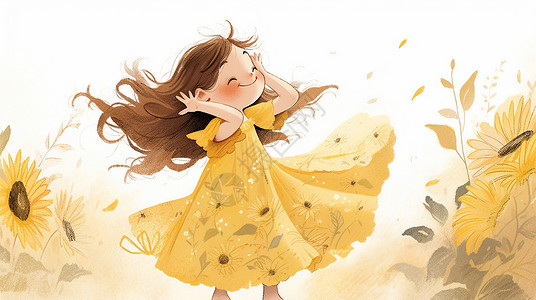 跳舞卡通人物穿着黄色裙子可爱的卡通小女孩在向日葵花园中插画