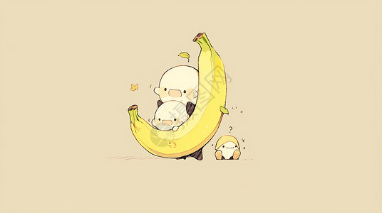 剥开的香蕉与完整的香蕉简约可爱的卡通小香蕉与小精灵插画