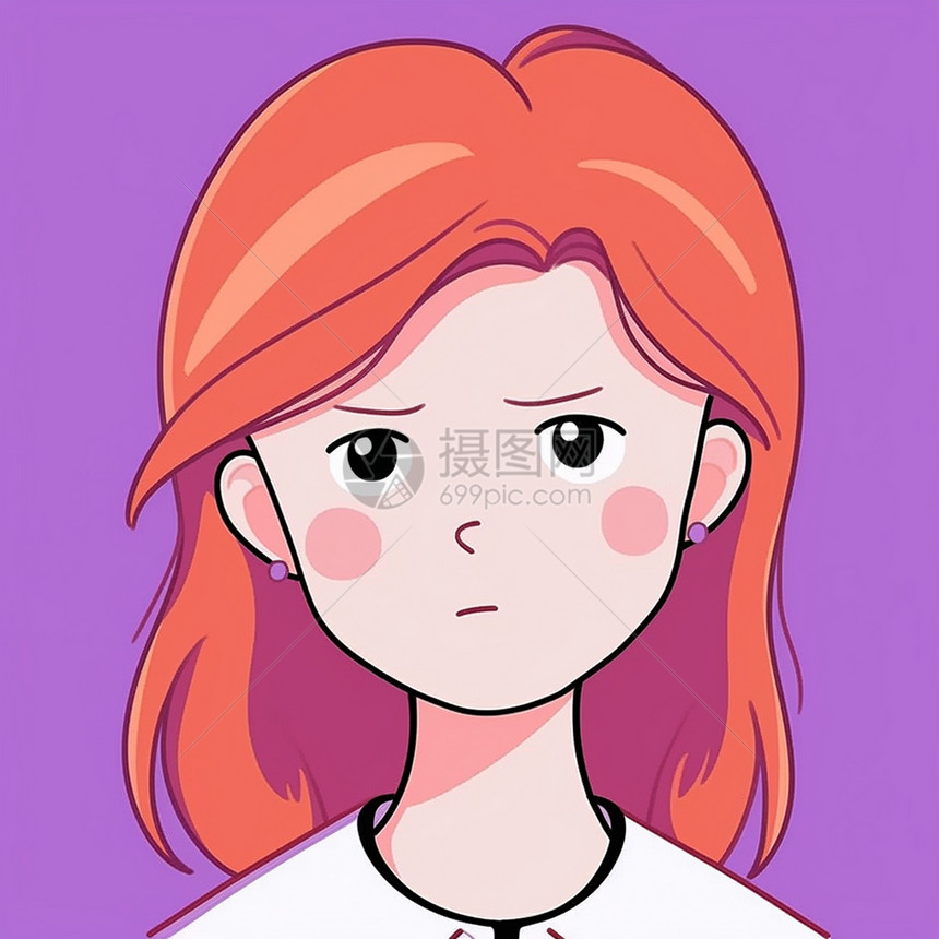 橙色头发简约可爱的卡通女孩头像紫色背景图片