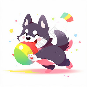 小花狗正在开心玩皮球的可爱卡通小狗插画