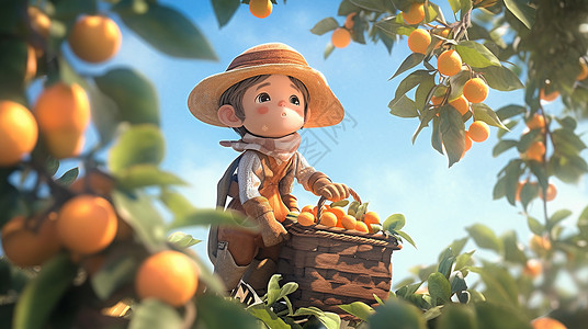 正在摘果子劳动的可爱卡通小男孩粘土风背景图片