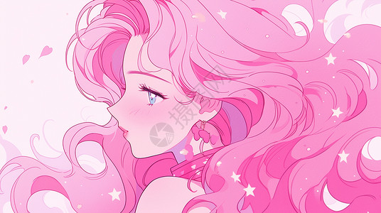 粉色调素材粉色调复古长发漂亮的卡通女孩插画