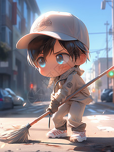 在街道上正在劳动扫地的卡通小男孩高清图片
