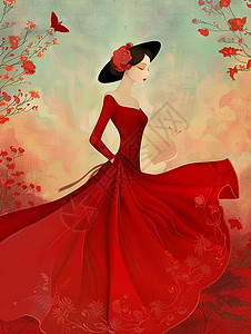 女王卡通简约油画风穿着红色长裙的复古卡通女人插画插画