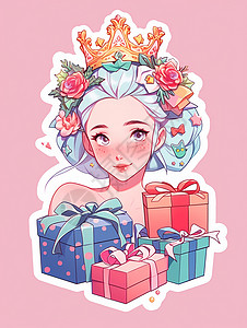 很多的礼物头上戴着皇冠收到很多礼物和花朵的可爱卡通女孩贴纸插画