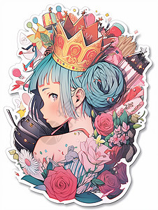 头上戴着皇冠收到很多礼物和花朵的可爱卡通女孩贴纸背景图片