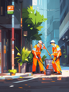 正在街道上劳动的卡通环卫工人背景图片