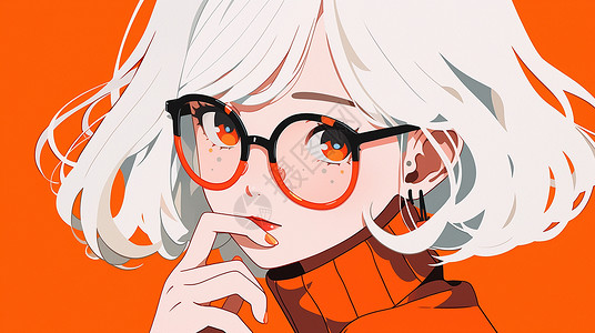 橙色头发戴着眼镜白色短发时尚漂亮的卡通女孩插画
