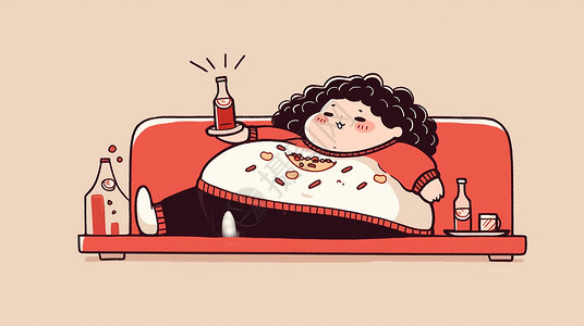 做在沙发上宅在沙发上胖乎乎可爱的卡通女孩在吃东西喝饮料插画