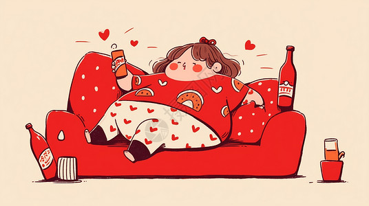胖乎乎的宅在沙发上胖乎乎可爱的卡通女孩在吃东西喝饮料插画