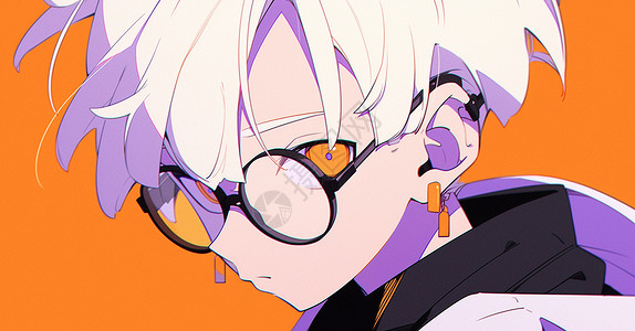 橙色背景戴着黑框眼镜的白色短发卡通大男孩背景图片