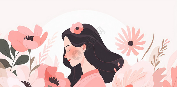 漂亮粉色花朵头手上戴着小花优雅漂亮的长发卡通女人简约风插画